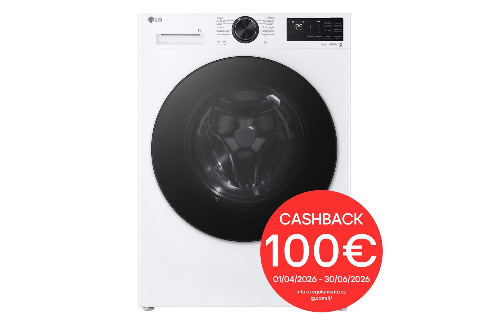 Vista frontale di Lavatrice Slim 8kg Next AI DD™ | Serie X5 Classe A-30% | 1200 giri, Wi-Fi, AI Wash, Vapore, TurboWash | White Black Knob F2NX50S8TLB